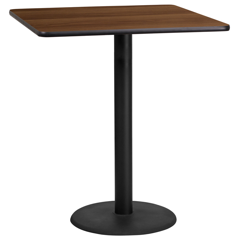 36 Square Walnut Laminate Table Top With 24 Round Bar Height Table Base XU-WALTB-3636-TR24B-GG