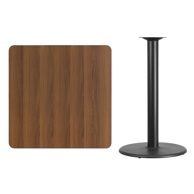 36 Square Walnut Laminate Table Top With 24 Round Bar Height Table Base XU-WALTB-3636-TR24B-GG
