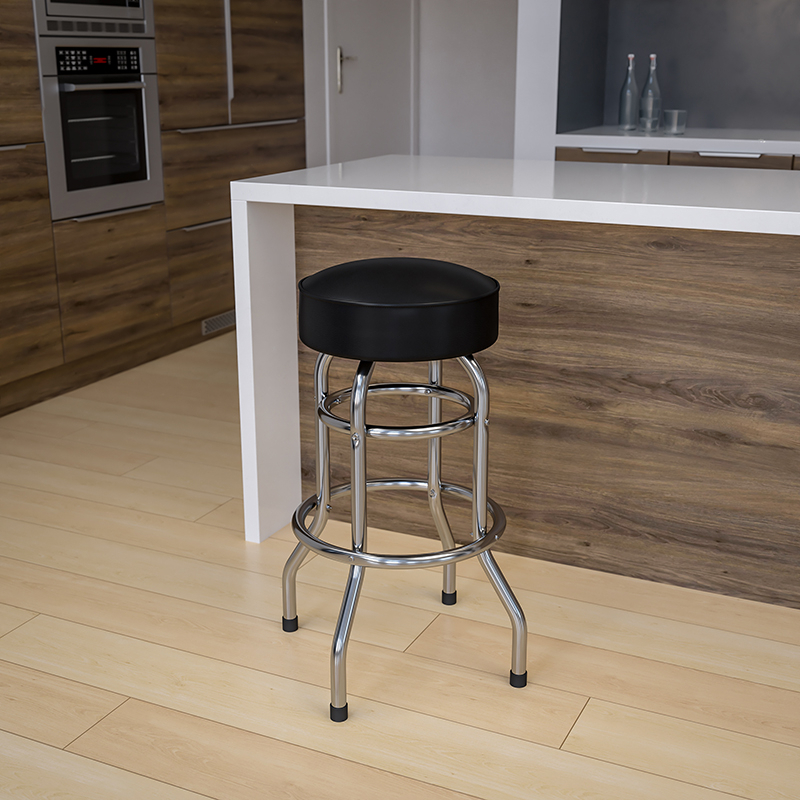 Double Ring Chrome Barstool With Black Seat XU-D-100-GG