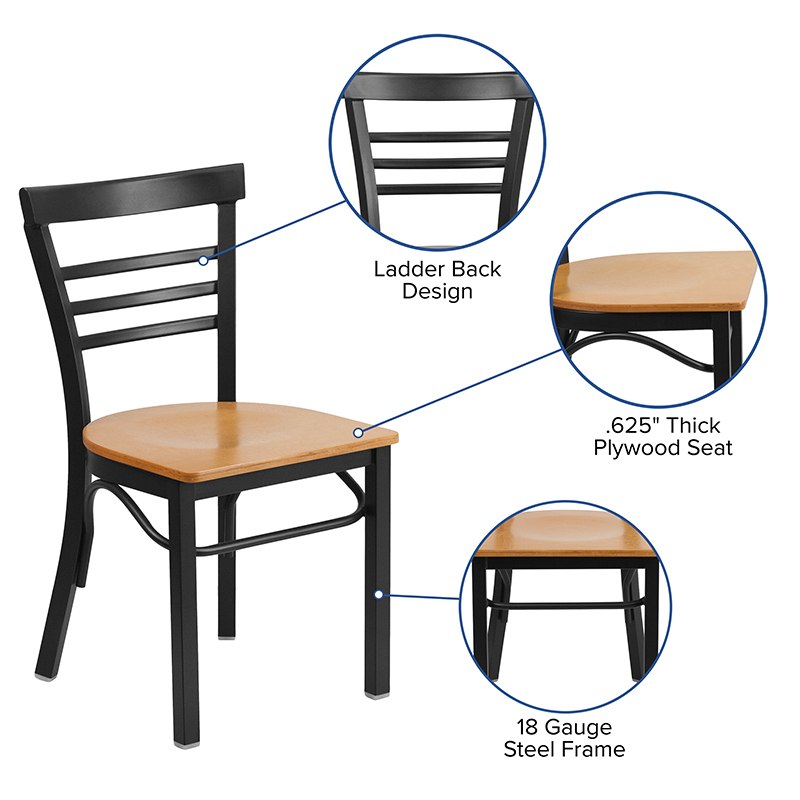 HERCULES Series Black Three-Slat Ladder Back Metal Restaurant Chair - Walnut Wood Seat XU-DG6Q6B1LAD-WALW-GG