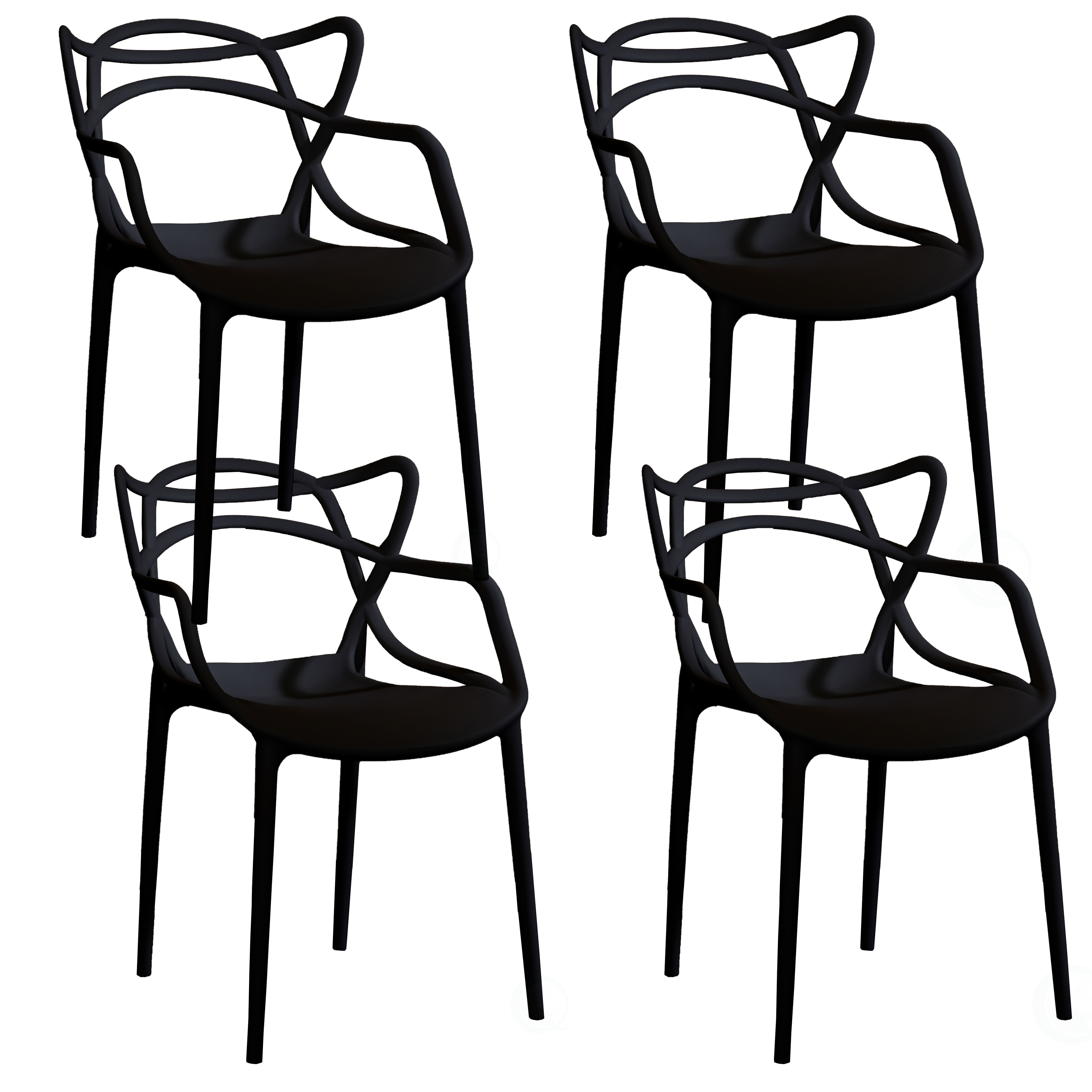 Mid-Century Modern Style Stackable Plastic Molded Arm Chair With Entangled Open Back - Black Set Of 4