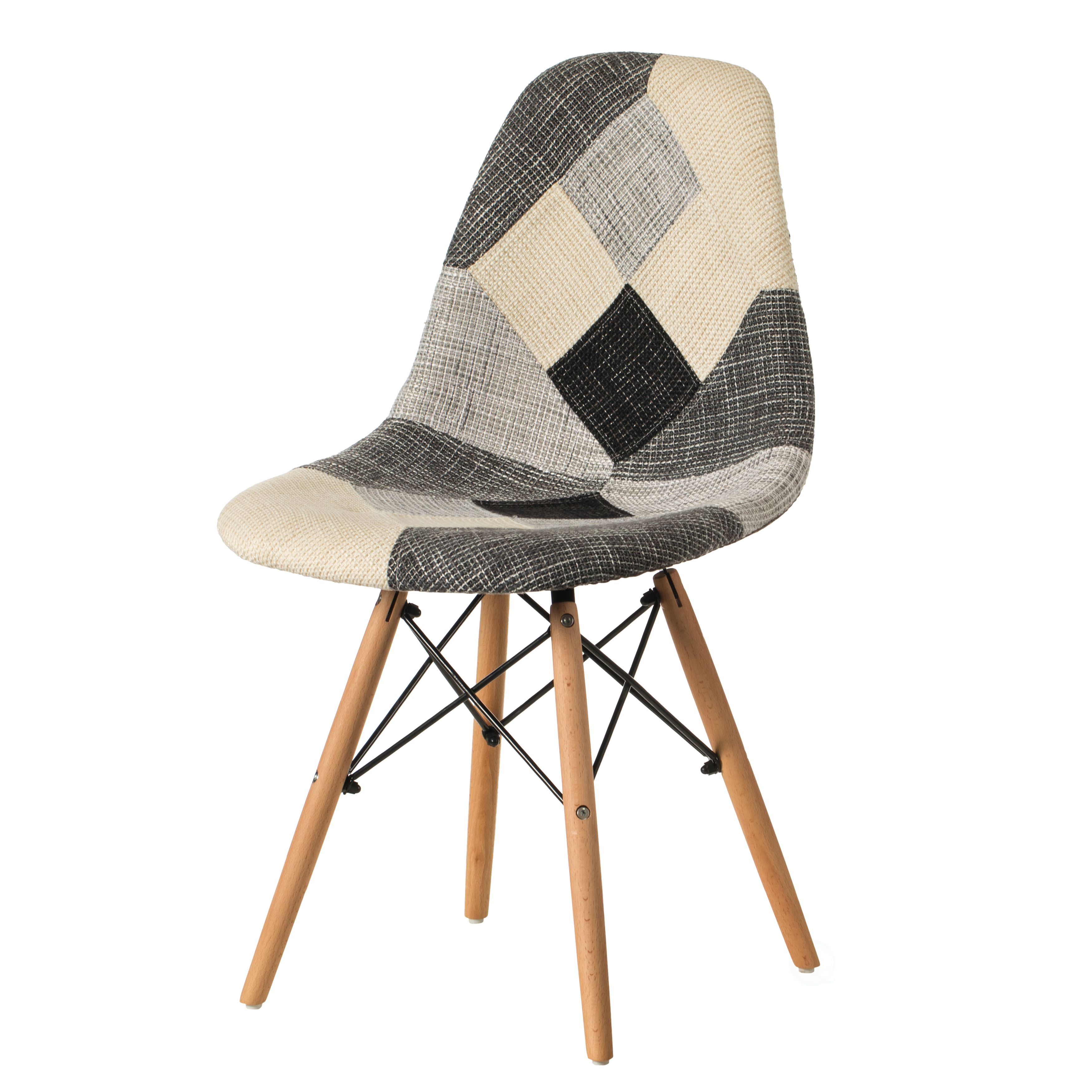 Modern Black And White Patchwork Fabric Chair With Wooden Legs For Kitchen, Dining Room, Entryway, Living Room - Single