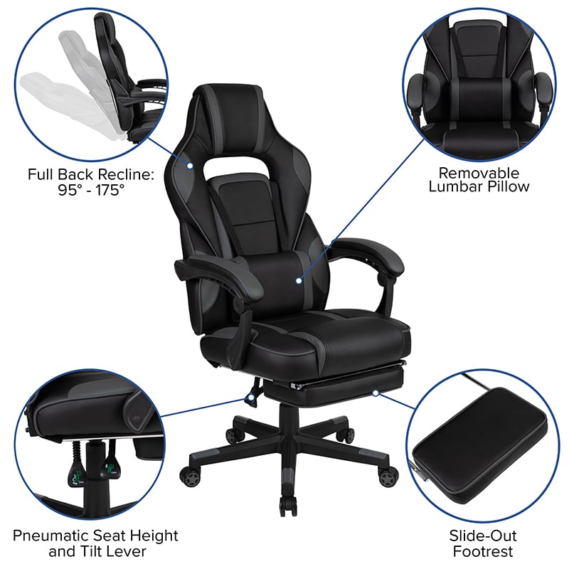 X40 Gaming Chair Racing Ergonomic Computer Chair With Fully Reclining Back And Arms, Slide-Out Footrest, Massaging Lumbar - Black And Gray