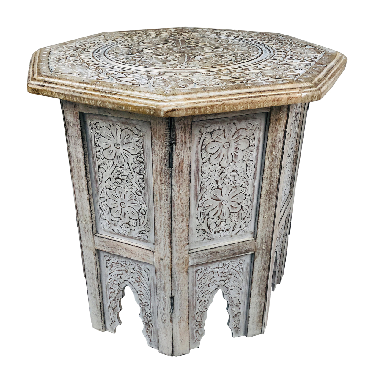 Farmhouse Wooden Side Table With Engraved Design And Octagonal Top, Antique Brown,Saltoro Sherpi