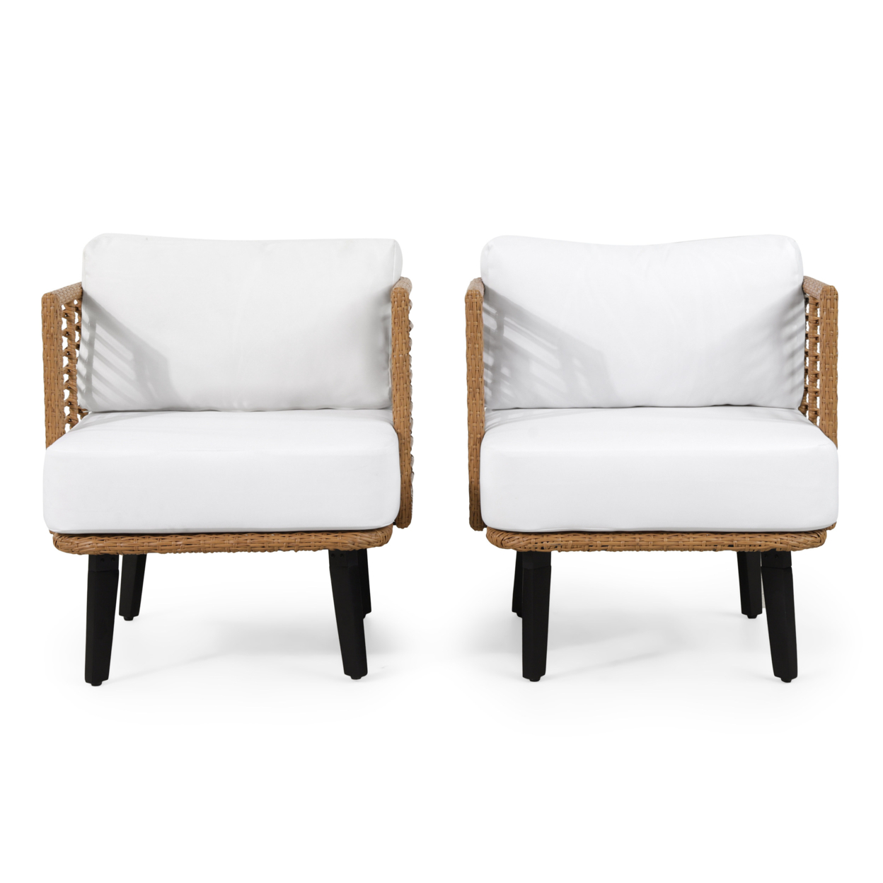 Rauser Outdoor Wicker Club Chair With Water Resistant Cushion, Set Of 2, Light Brown And White
