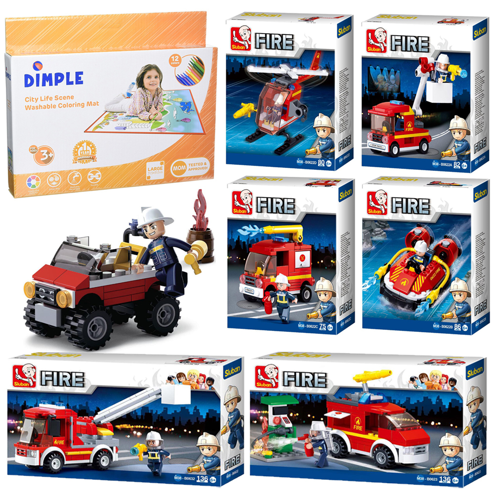 SlubanKids Fire Truck, Fire Jeep W/ Gas Station Building Blocks Set 653 Pcs & Dimple Small Washable Coloring Play Mat W/ 12 Washable Markers