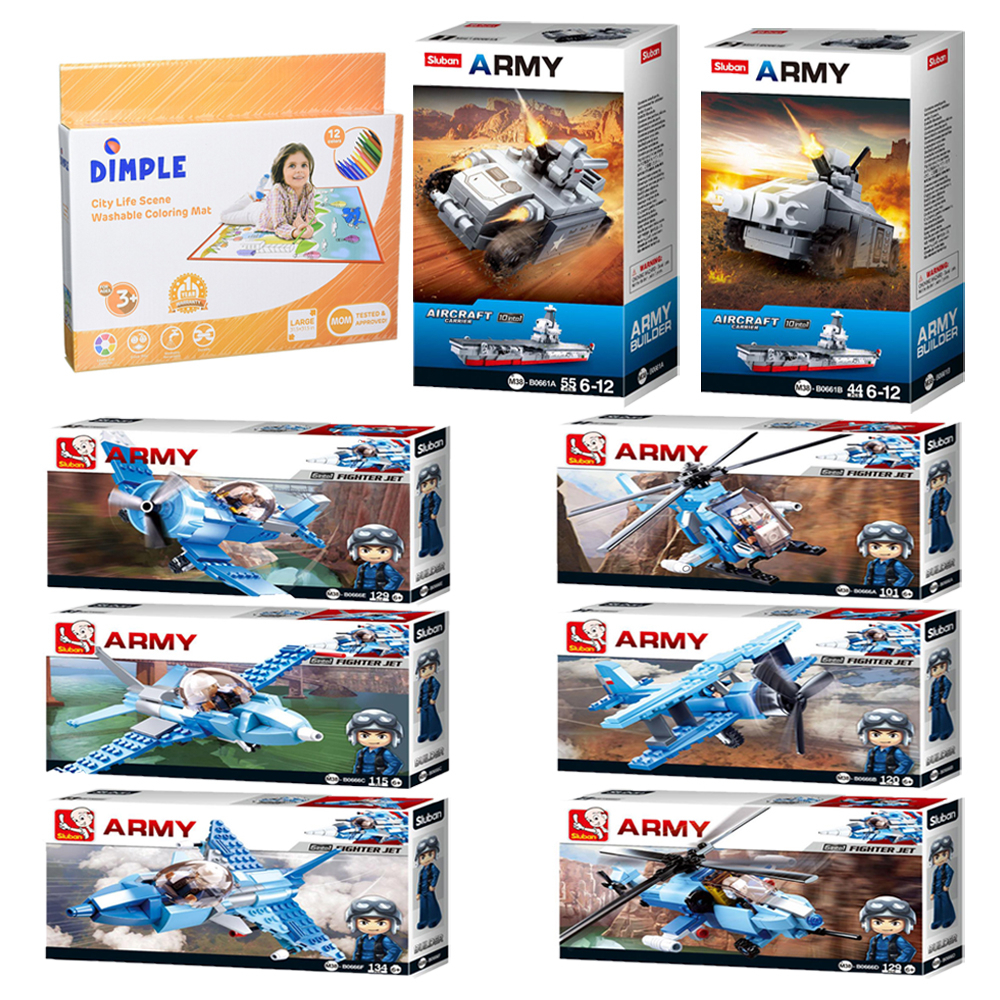 SlubanKids Army Helicopter War Craft Aircrafts Building Blocks Toy Set 827 Pcs & Dimple Washable Coloring Play Mat W/ 12 Washable Markers