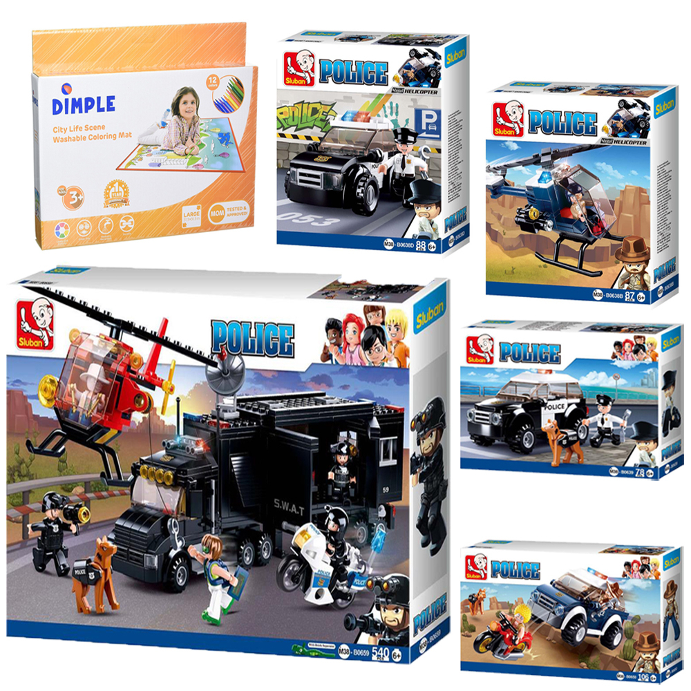 SlubanKids SWAT Police Car Playset Building Blocks Building Toy Set 899 Pcs & Dimple Small Washable Coloring Play Mat W/ 12 Washable Markers