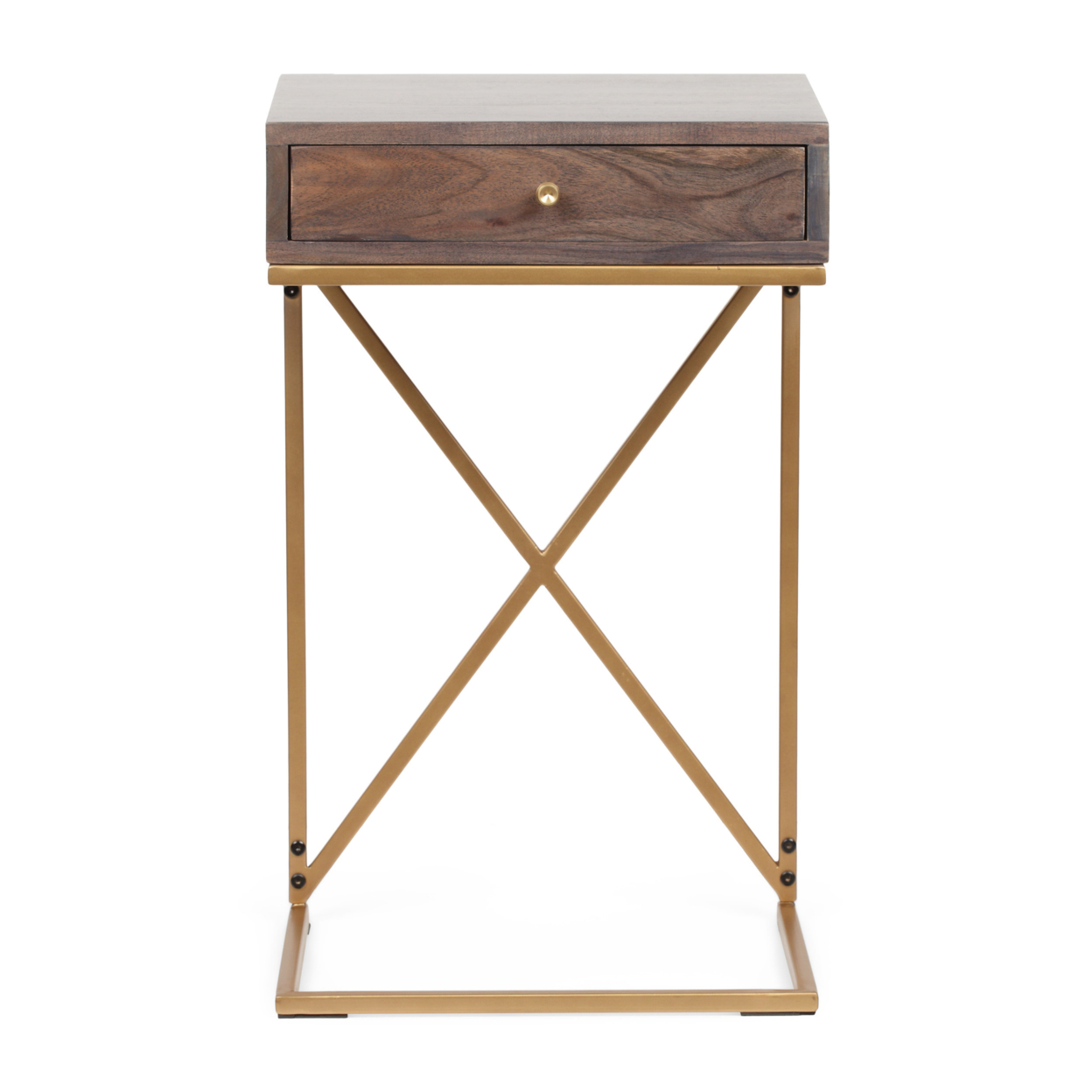 Darke Rustic Glam Handcrafted Acacia Wood C-Shaped Side Table, Dark Brown And Gold