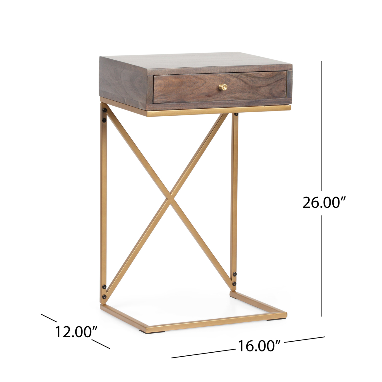Darke Rustic Glam Handcrafted Acacia Wood C-Shaped Side Table, Dark Brown And Gold