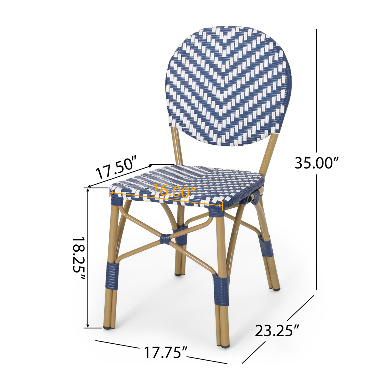 Deshler Outdoor Aluminum French Bistro Chairs, Set Of 2, Navy Blue, White, And Bamboo Finish