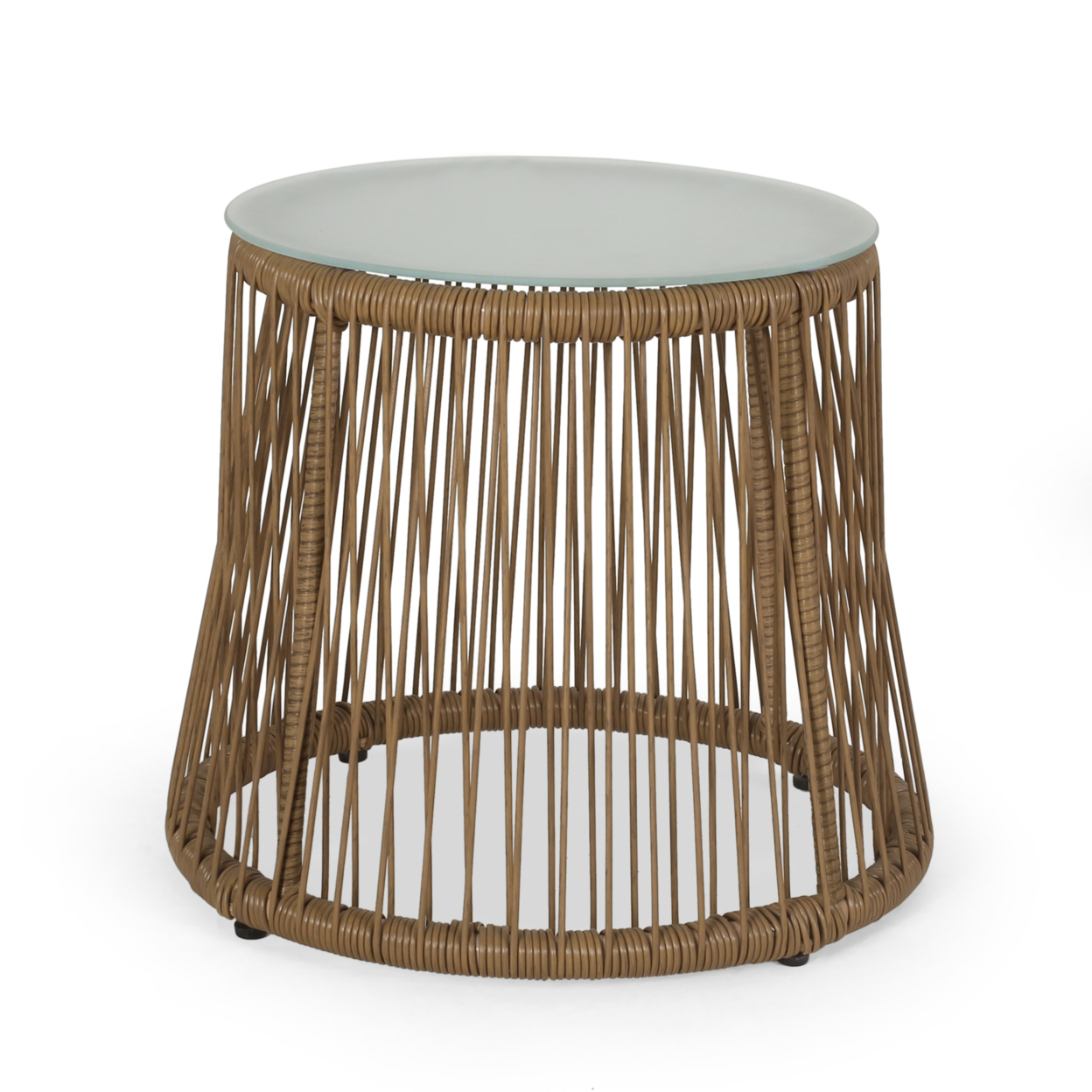 Helmville Outdoor Wicker Side Table With Glass Top, Light Brown