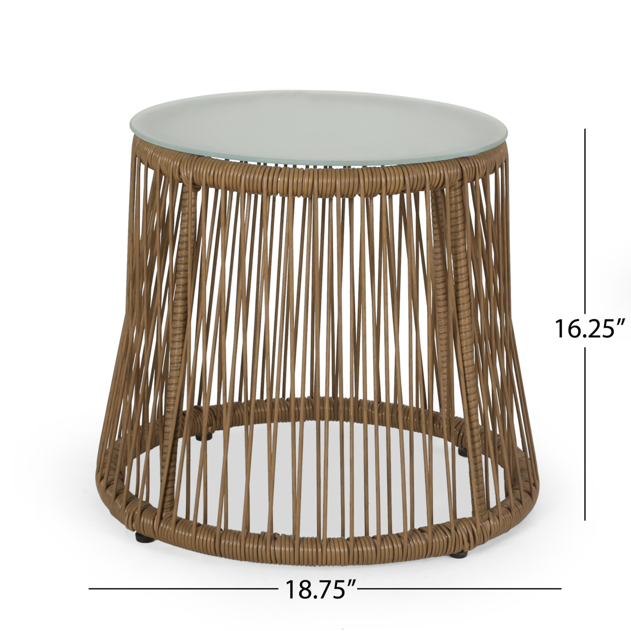 Helmville Outdoor Wicker Side Table With Glass Top, Light Brown