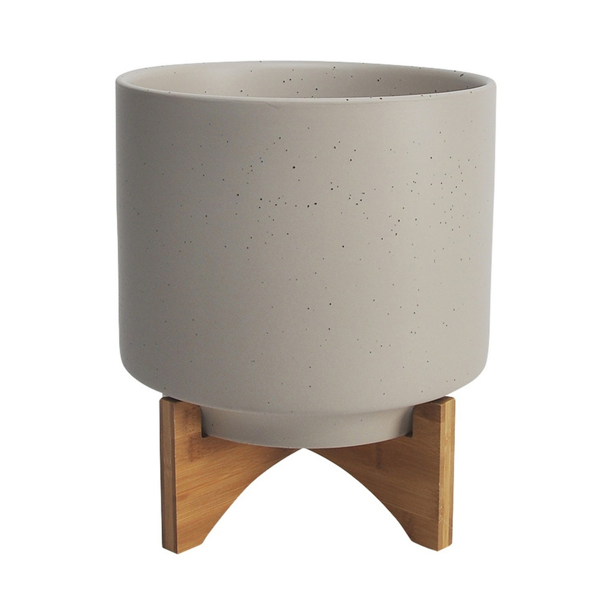 Ceramic Planter With Terrazzo Design And Wooden Stand, Large, Light Beige- Saltoro Sherpi