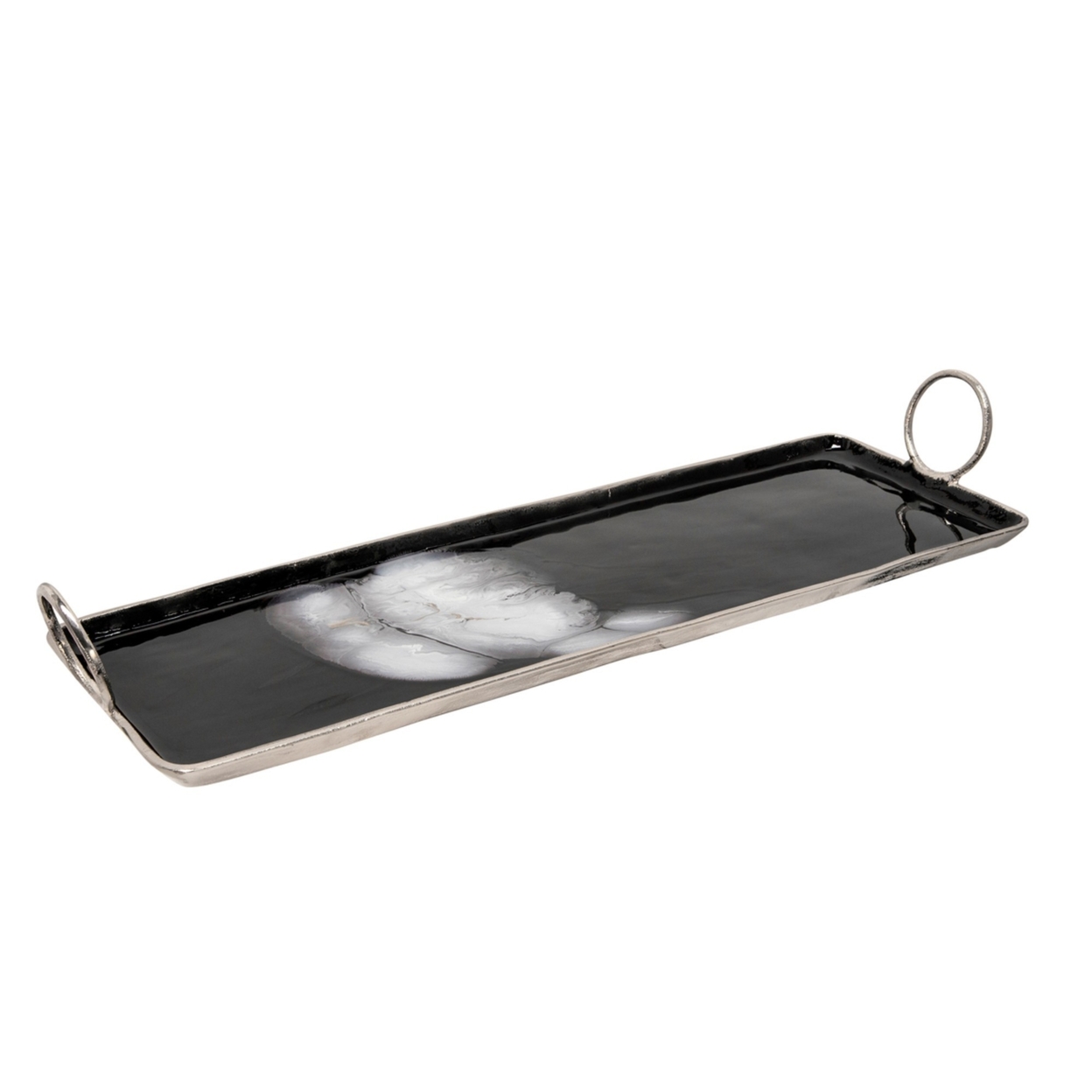 Tray With Metal And Ring Handles, Black And Silver- Saltoro Sherpi