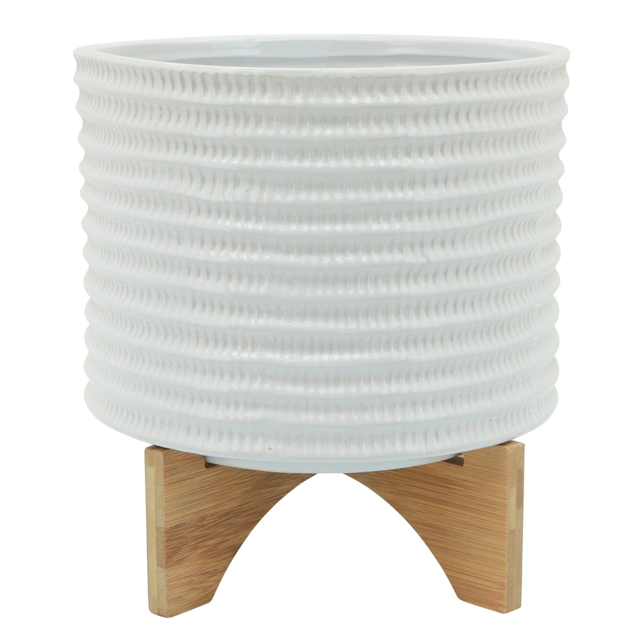 Ceramic Planter With Textured Pattern And Wooden Stand, White- Saltoro Sherpi