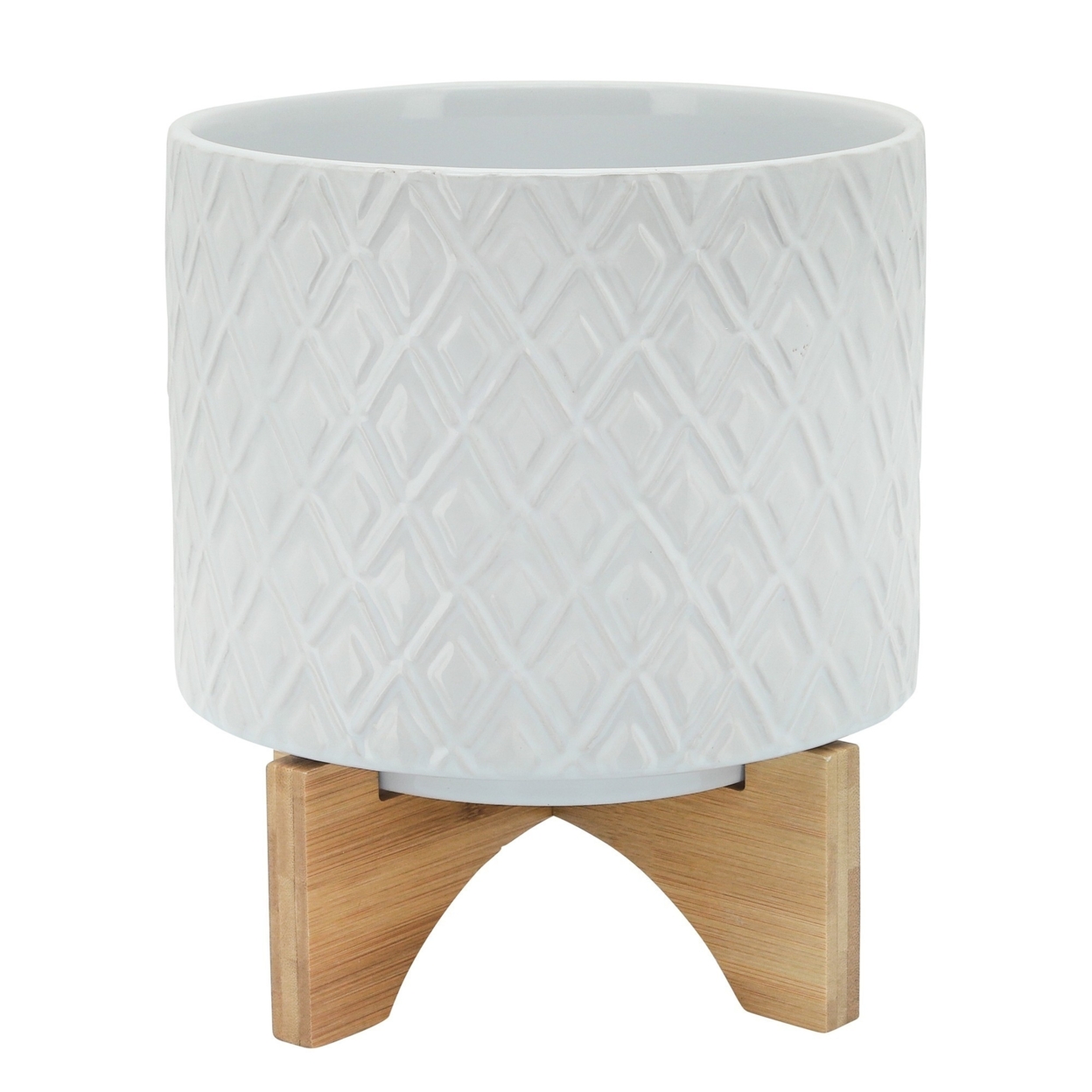 Ceramic Planter With Diamond Pattern And Wooden Stand, White- Saltoro Sherpi