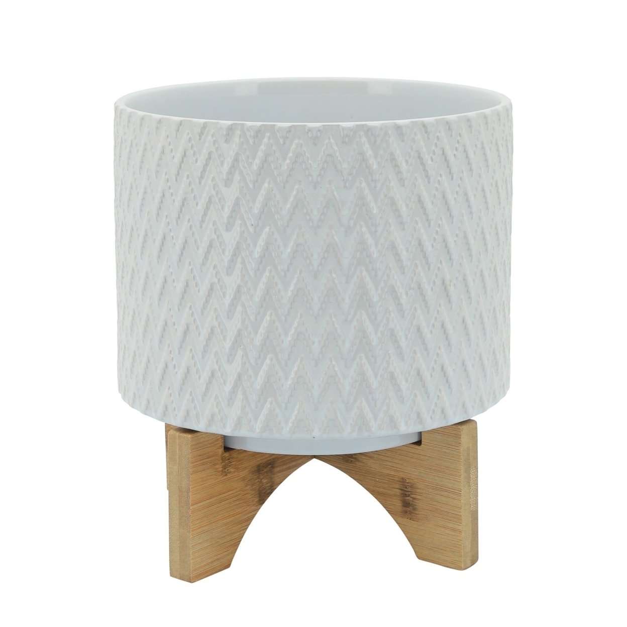 Ceramic Planter With Chevron Pattern And Wooden Stand, Small, White- Saltoro Sherpi