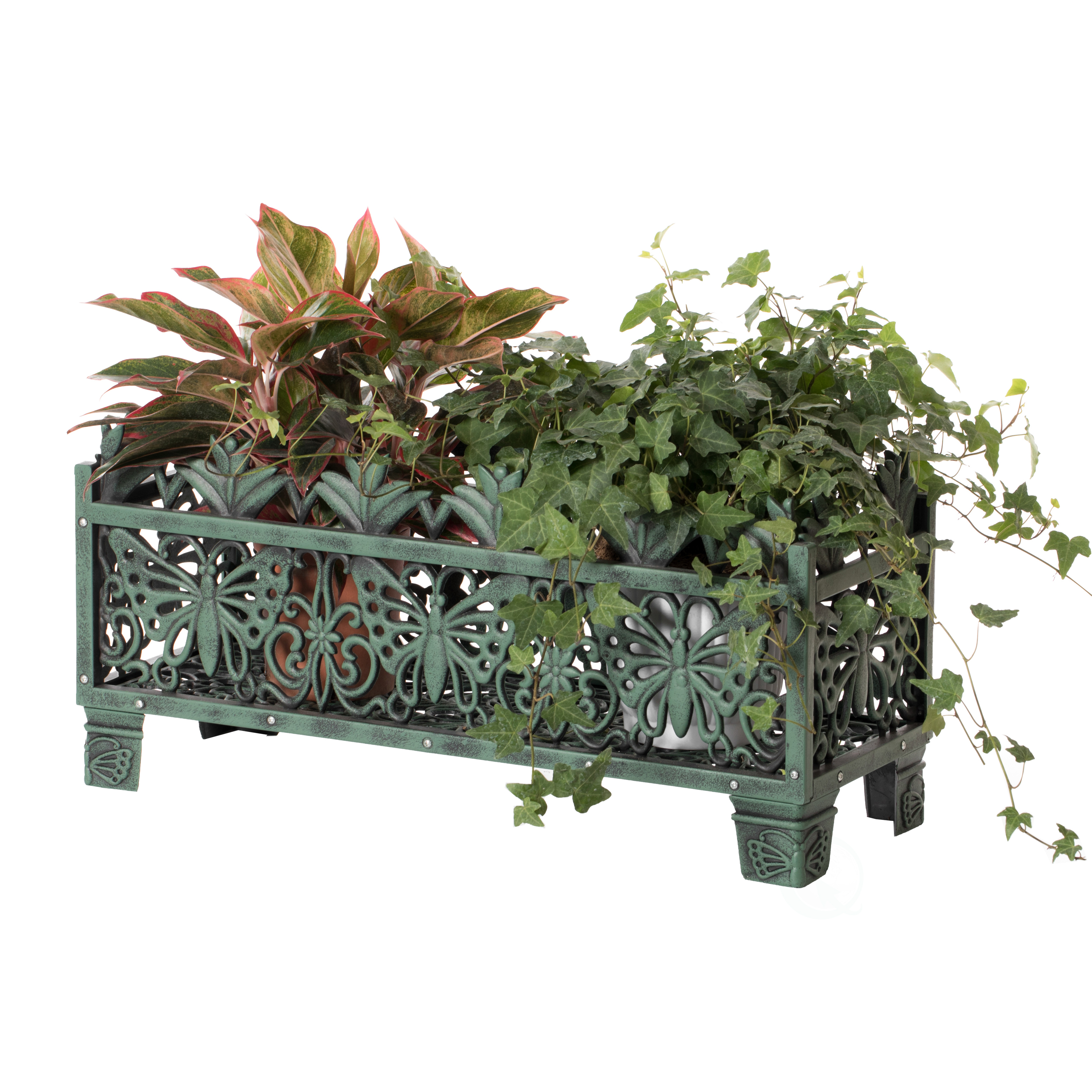 Outdoor Living Butterfly Rectangle Plant Stand, Flower Planting Pot, Antique Green
