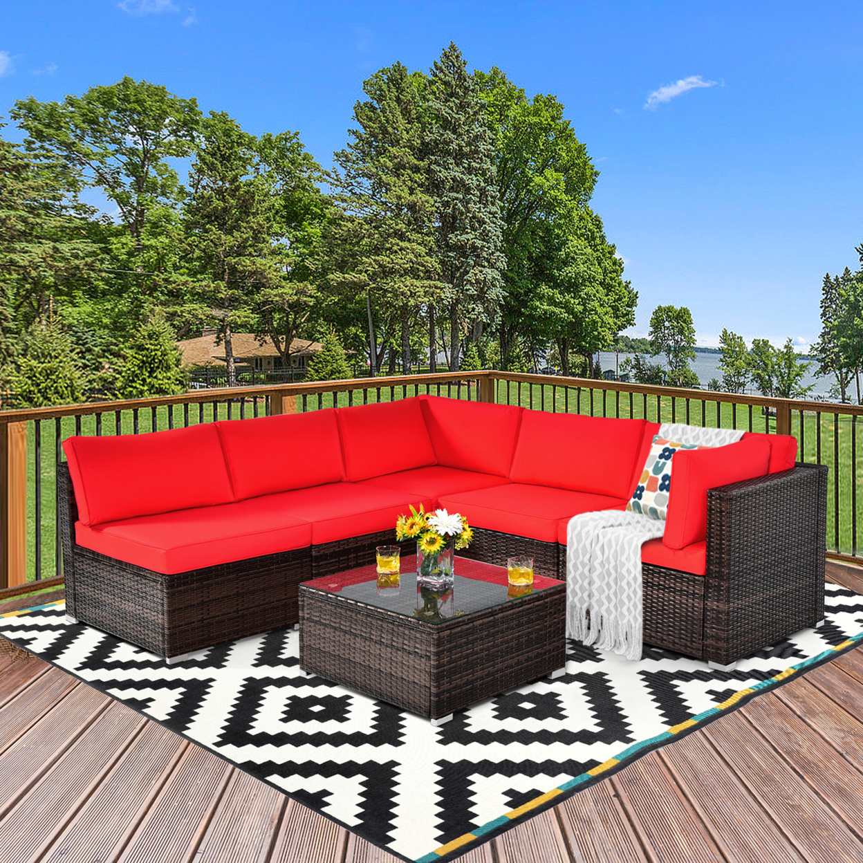 6PCS Rattan Outdoor Sectional Sofa Set Patio Furniture Set W/ Red Cushions