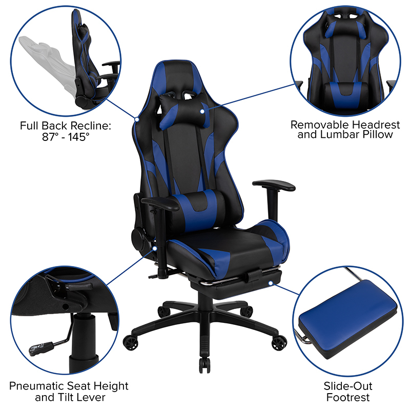Black Gaming Desk With Cup Holder And Headphone Hook And Monitor Or Smartphone Stand & Blue Reclining Gaming Chair With Footrest