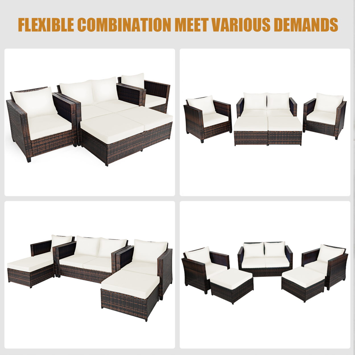 5PCS Outdoor Patio Rattan Conversation Sofa Furniture Set W/ White Cushions