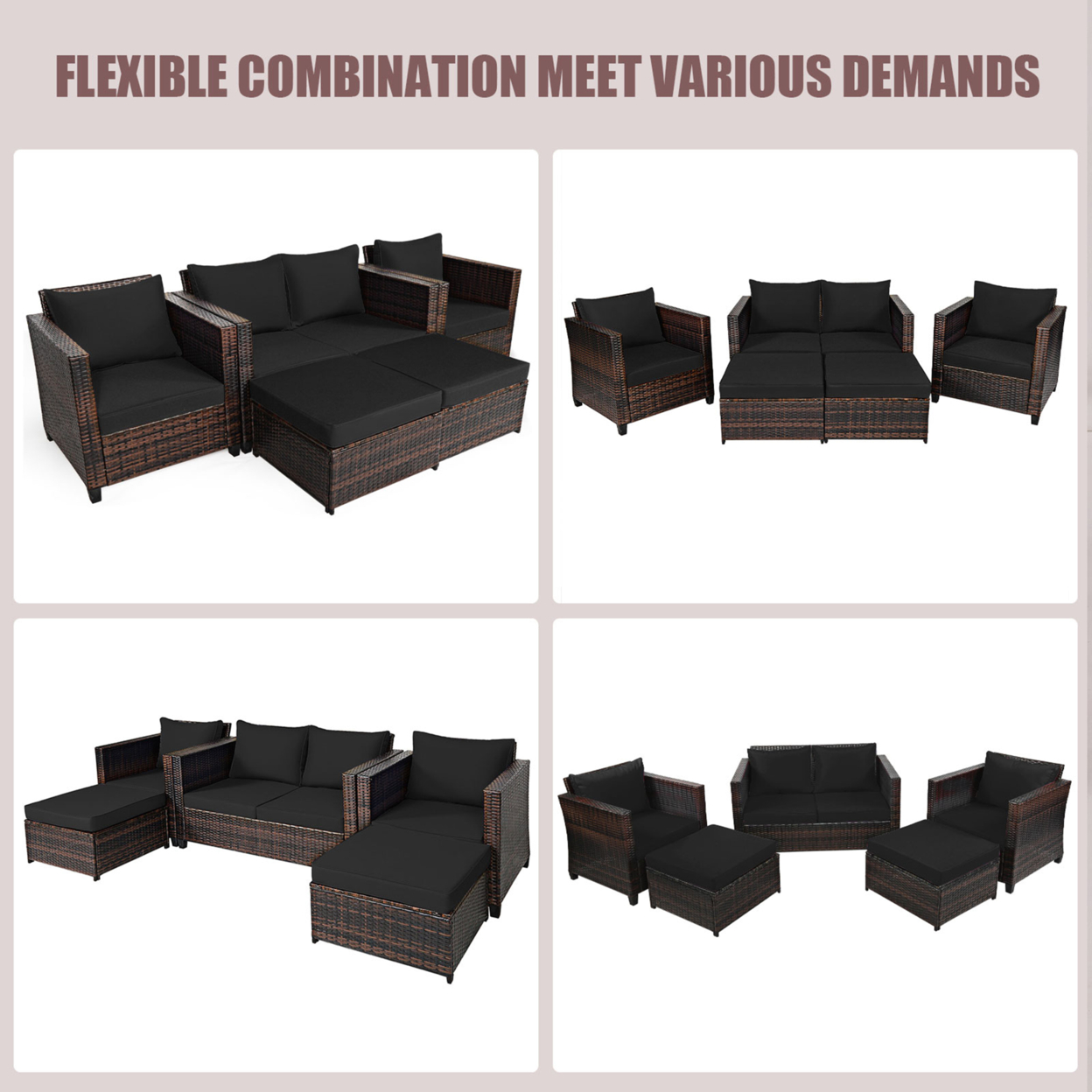 5PCS Outdoor Patio Rattan Conversation Sofa Furniture Set W/ Black Cushions