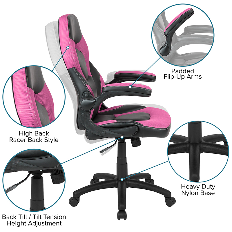 Red Gaming Desk And Pink And Black Racing Chair Set With Cup Holder And Headphone Hook