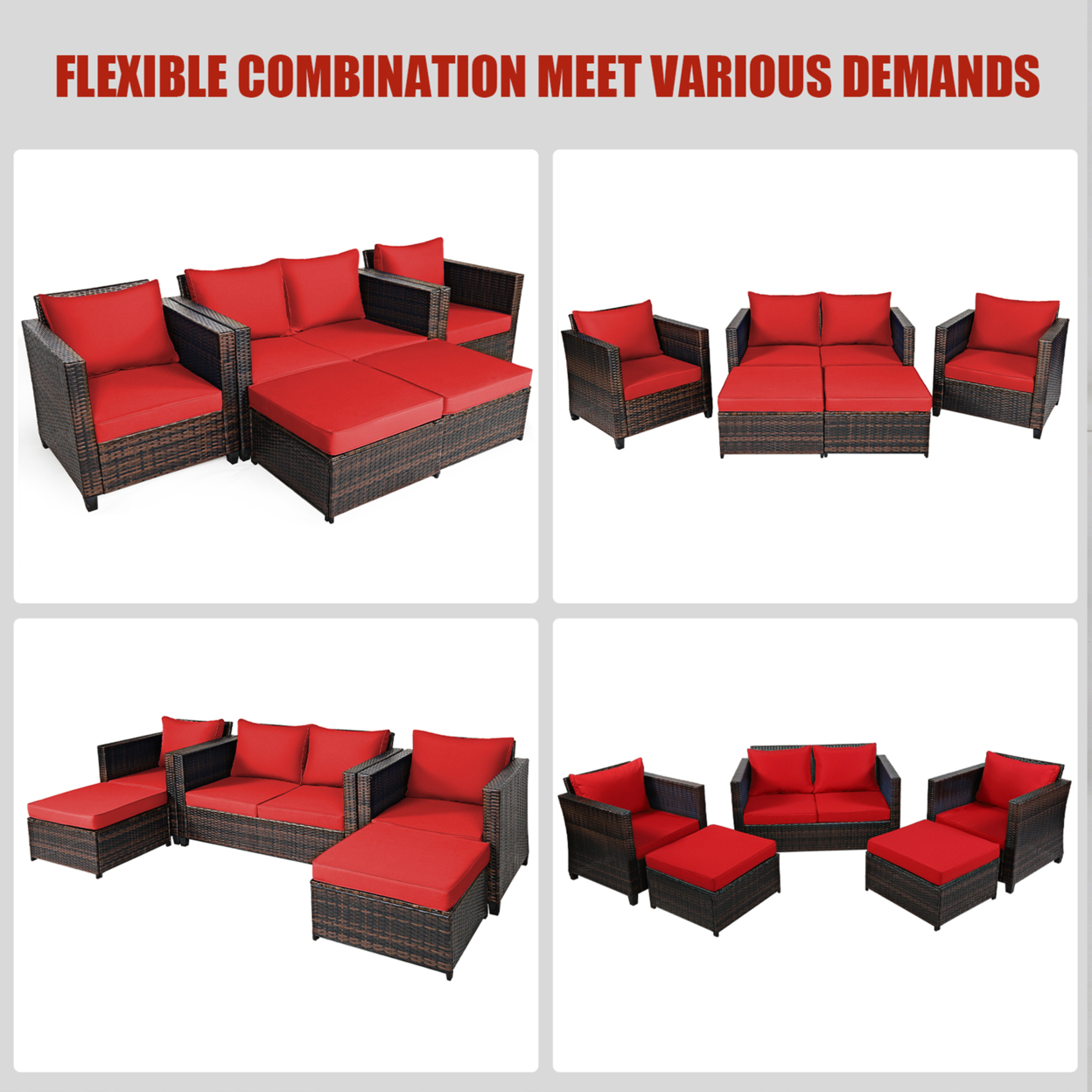 5PCS Outdoor Patio Rattan Conversation Sofa Furniture Set W/ Red Cushions