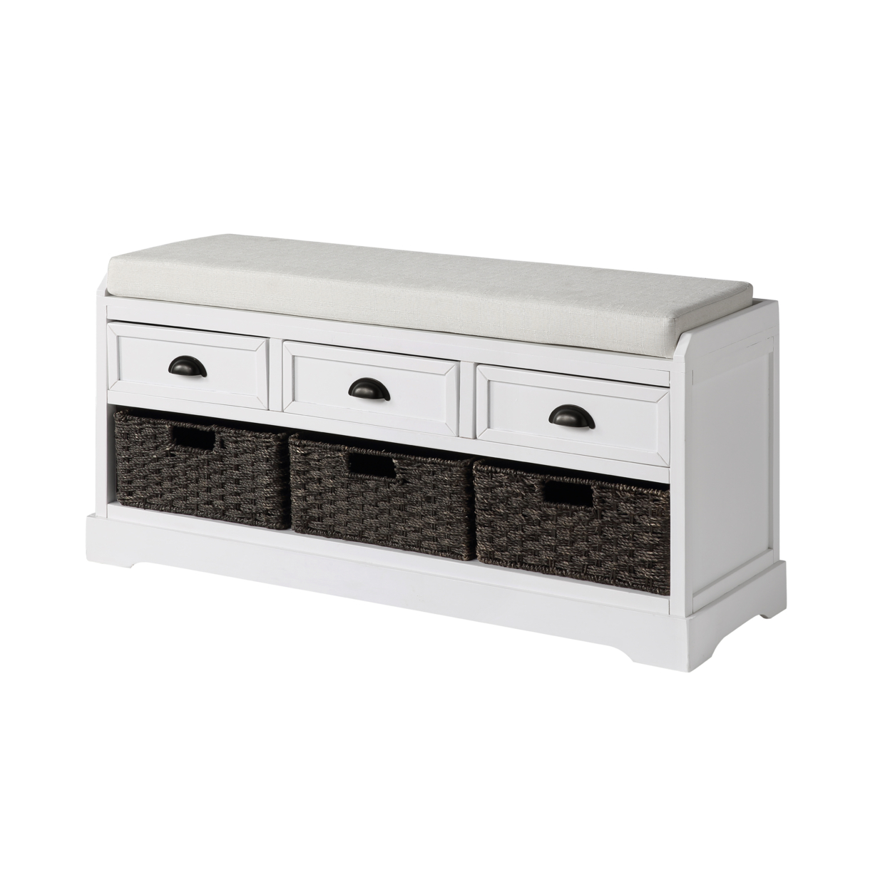 Bench with 3 Drawers and 3 Pull Out Woven Backets, White, Saltoro Sherpi