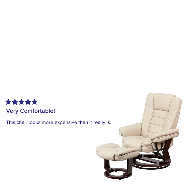 Contemporary Multi-Position Recliner With Horizontal Stitching And Ottoman With Swivel Mahogany Wood Base In Beige LeatherSoft