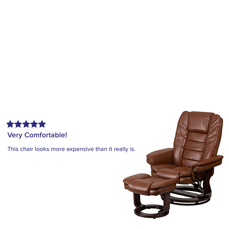 Contemporary Multi-Position Recliner With Horizontal Stitching And Ottoman With Swivel Mahogany Wood Base In Brown Vintage Leather