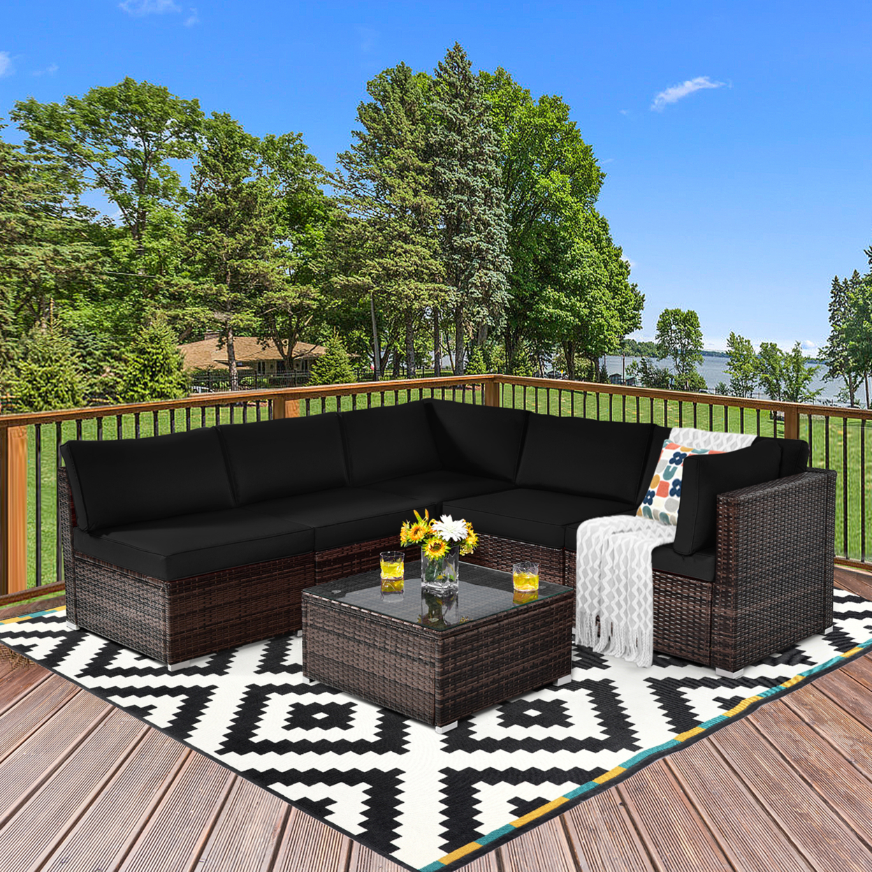 6PCS Rattan Outdoor Sectional Sofa Set Patio Furniture Set W/ Black Cushions