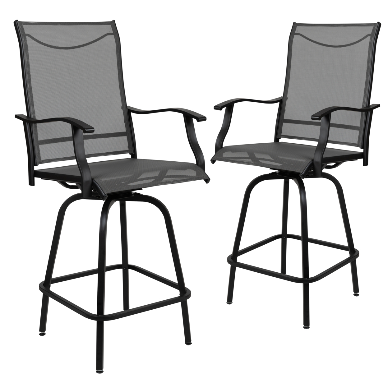 Patio Bar Height Stools Set Of 2, All-Weather Textilene Swivel Patio Stools And Deck Chairs With High Back & Armrests In Gray