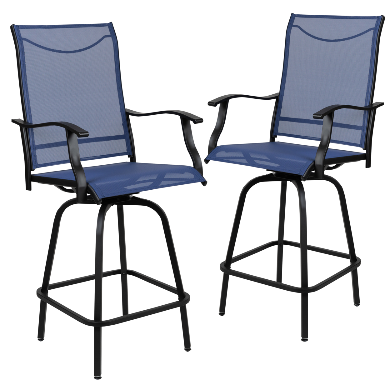 Patio Bar Height Stools Set Of 2, All-Weather Textilene Swivel Patio Stools And Deck Chairs With High Back & Armrests In Navy
