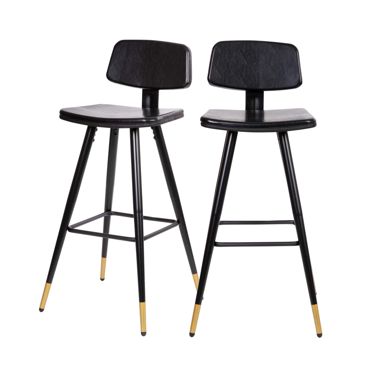 Kora Commercial Grade Low Back Barstools-Black LeatherSoft Upholstery-Black Iron Frame-Integrated Footrest-Gold Tipped Legs-Set Of 2