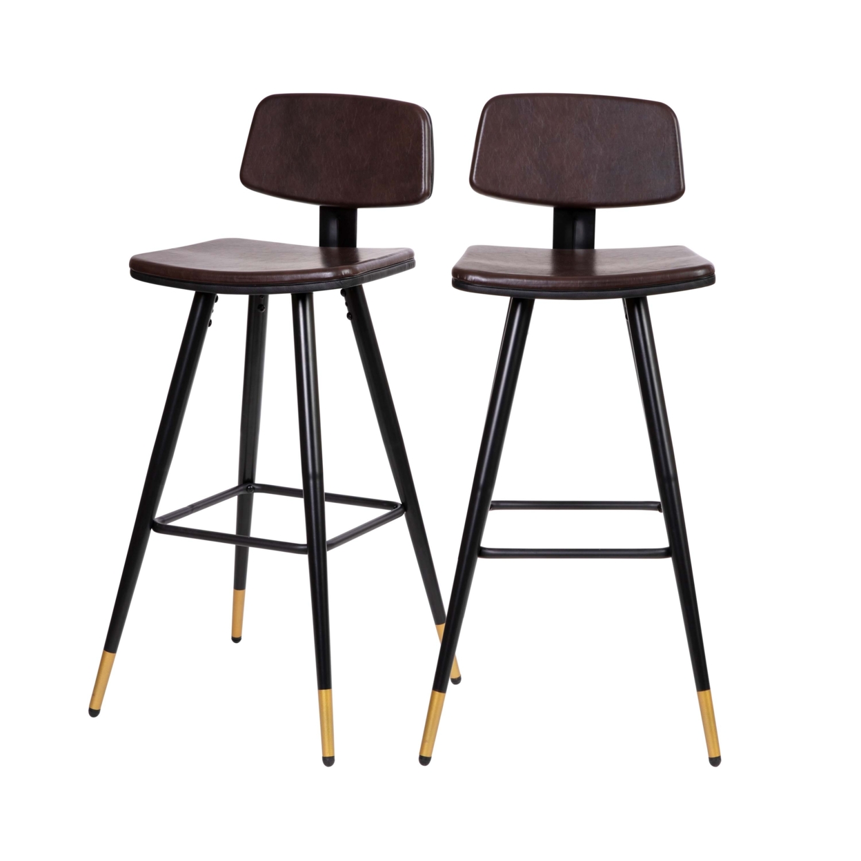 Kora Commercial Grade Low Back Barstools-Brown LeatherSoft Upholstery-Black Iron Frame-Integrated Footrest-Gold Tipped Legs-Set Of 2