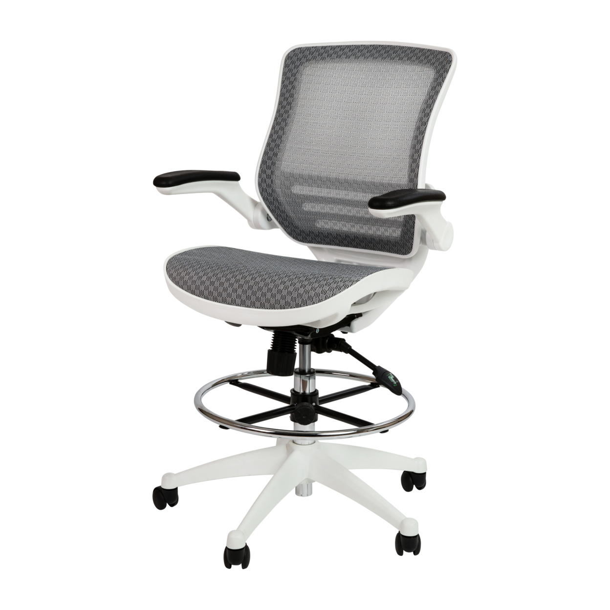 Mid-Back Transparent Gray Mesh Drafting Chair With White Frame And Flip-Up Arms