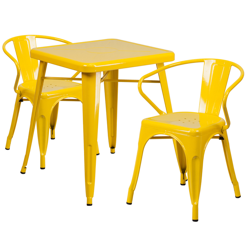 Commercial Grade 23.75 Square Yellow Metal Indoor-Outdoor Table Set With 2 Arm Chairs