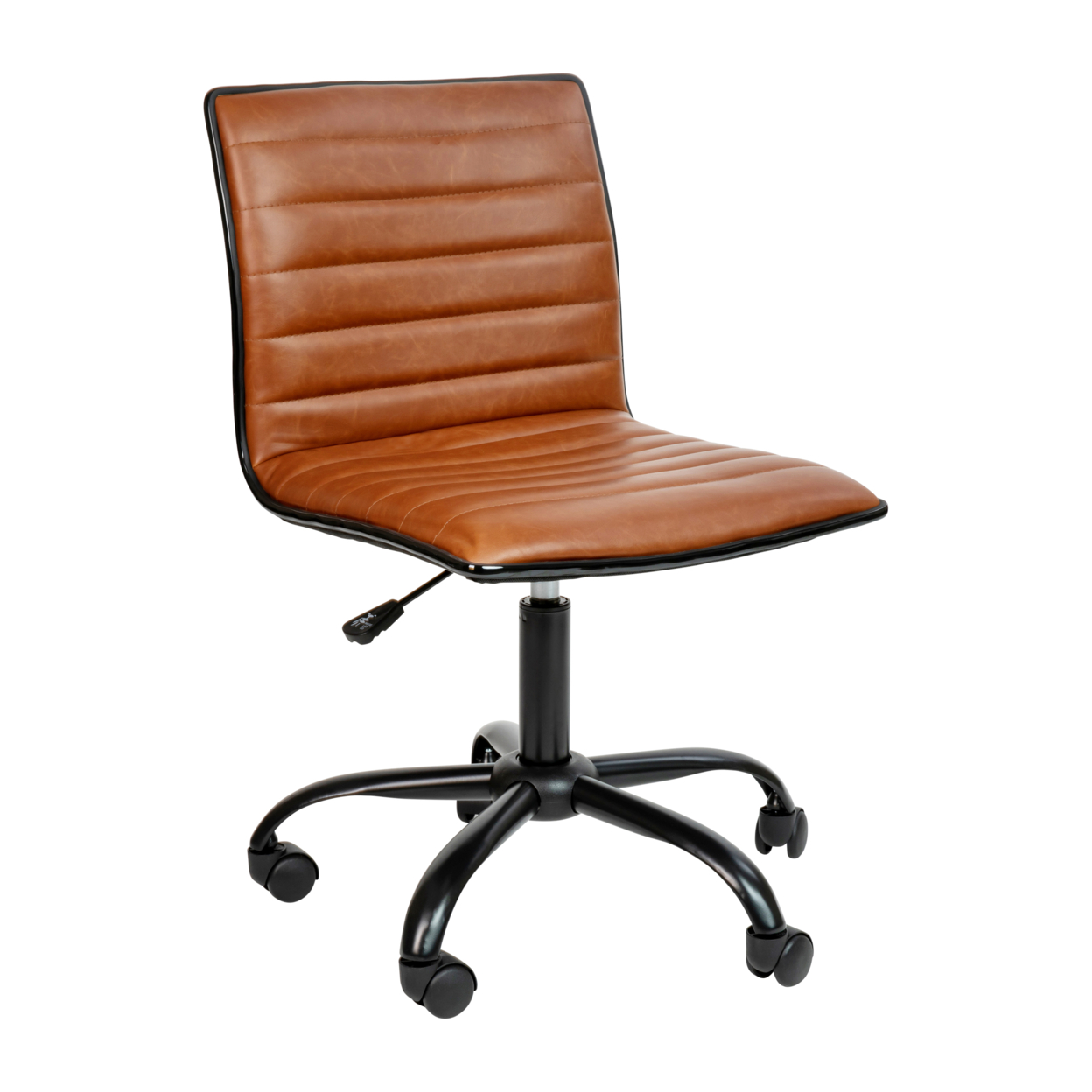 Low Back Designer Armless Brown Ribbed Swivel Task Office Chair With Black Frame And Base