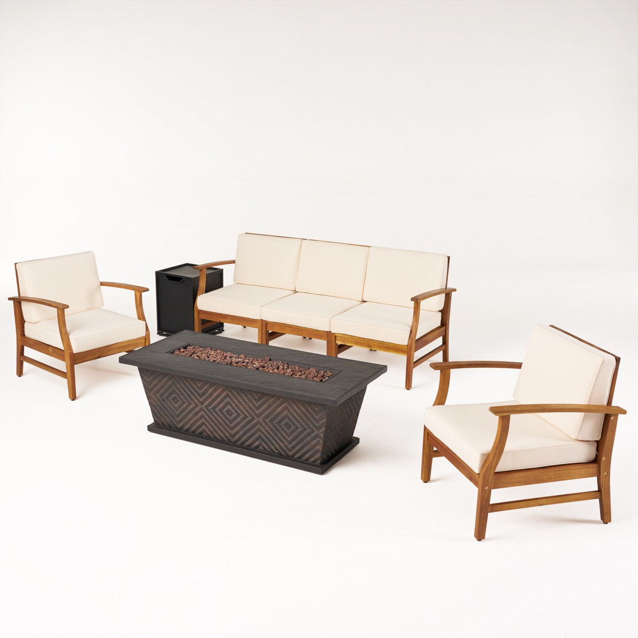 Driscoll Outdoor 5 Piece Acacia Wood Chat Set With Cushions And Fire Pit, Teak With Cream And Brown