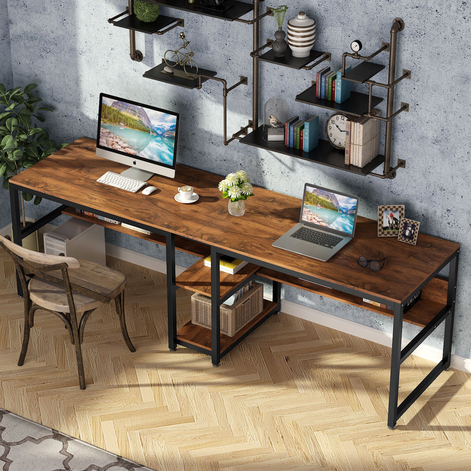 Tribesigns Two Person Desk With Bookshelf, 78.7 Computer Office Double Desk For Two Person, Rustic Writing Desk Workstation With Shelf