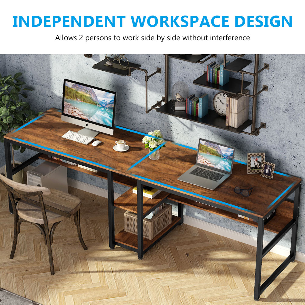 Tribesigns Two Person Desk With Bookshelf, 78.7 Computer Office Double Desk For Two Person, Rustic Writing Desk Workstation With Shelf