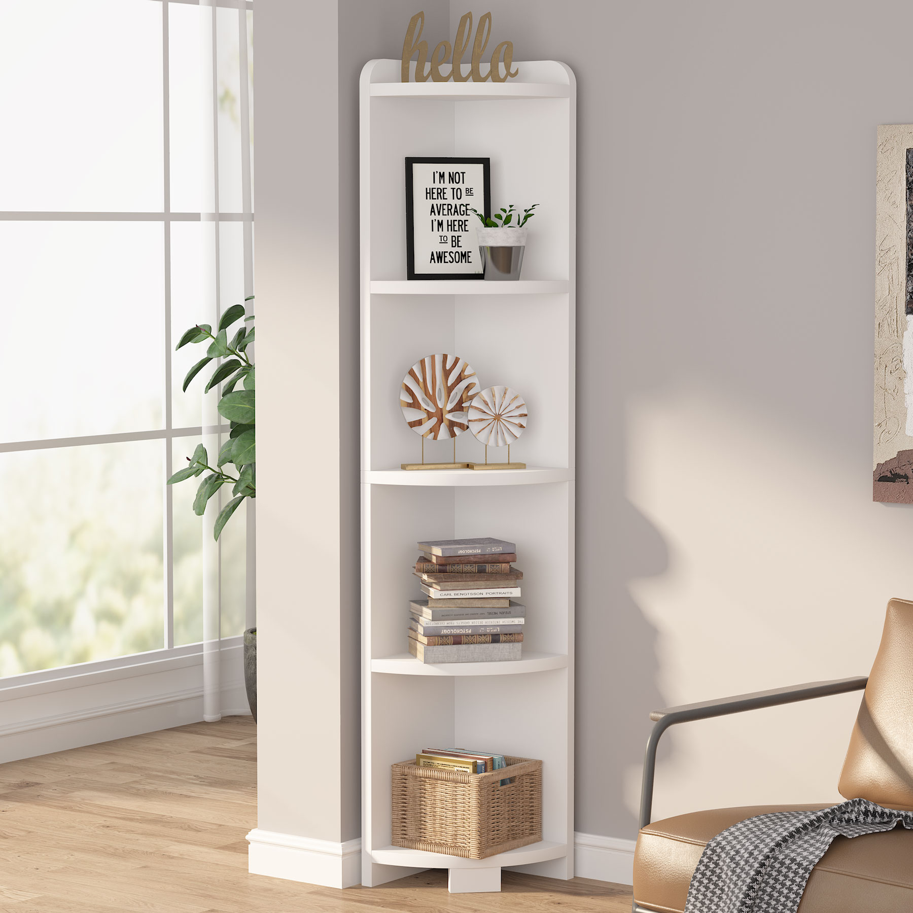 Tribesigns Corner Shelf, 5 Tier Wood Wall Corner Bookshelf With Anti-Slip Pad, Corner Storage Rack Shelves Display Plant Flower - White