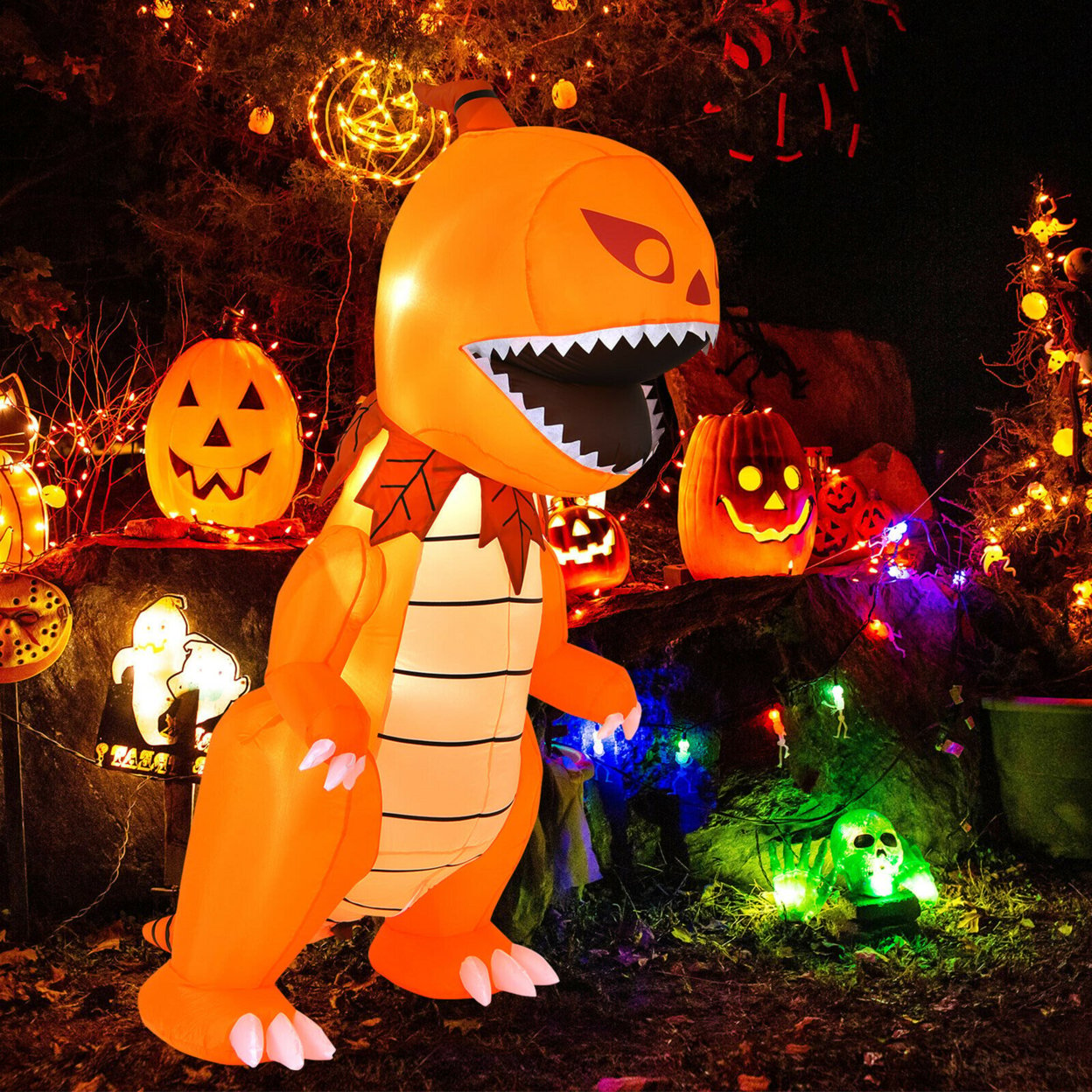8ft Inflatable Pumpkin Dinosaur Halloween Decoration W/ Built-in LED Lights