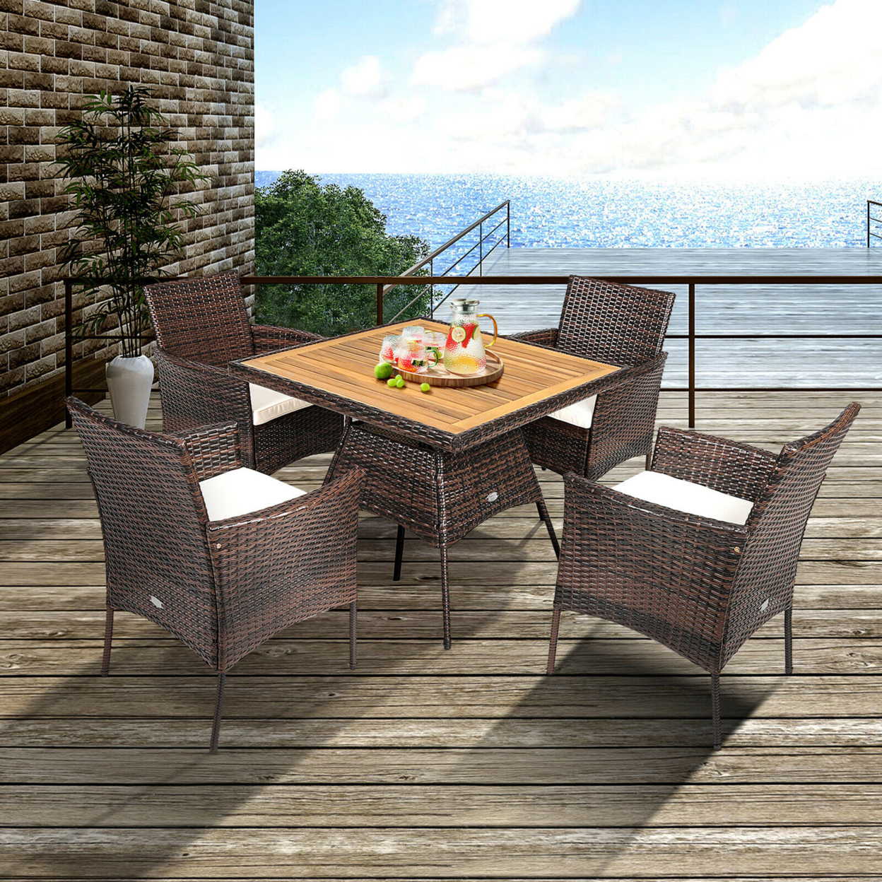 5PCS Patio Dining Table & Chair Set Outdoor Furniture Set W/ 4 Seat Cushions