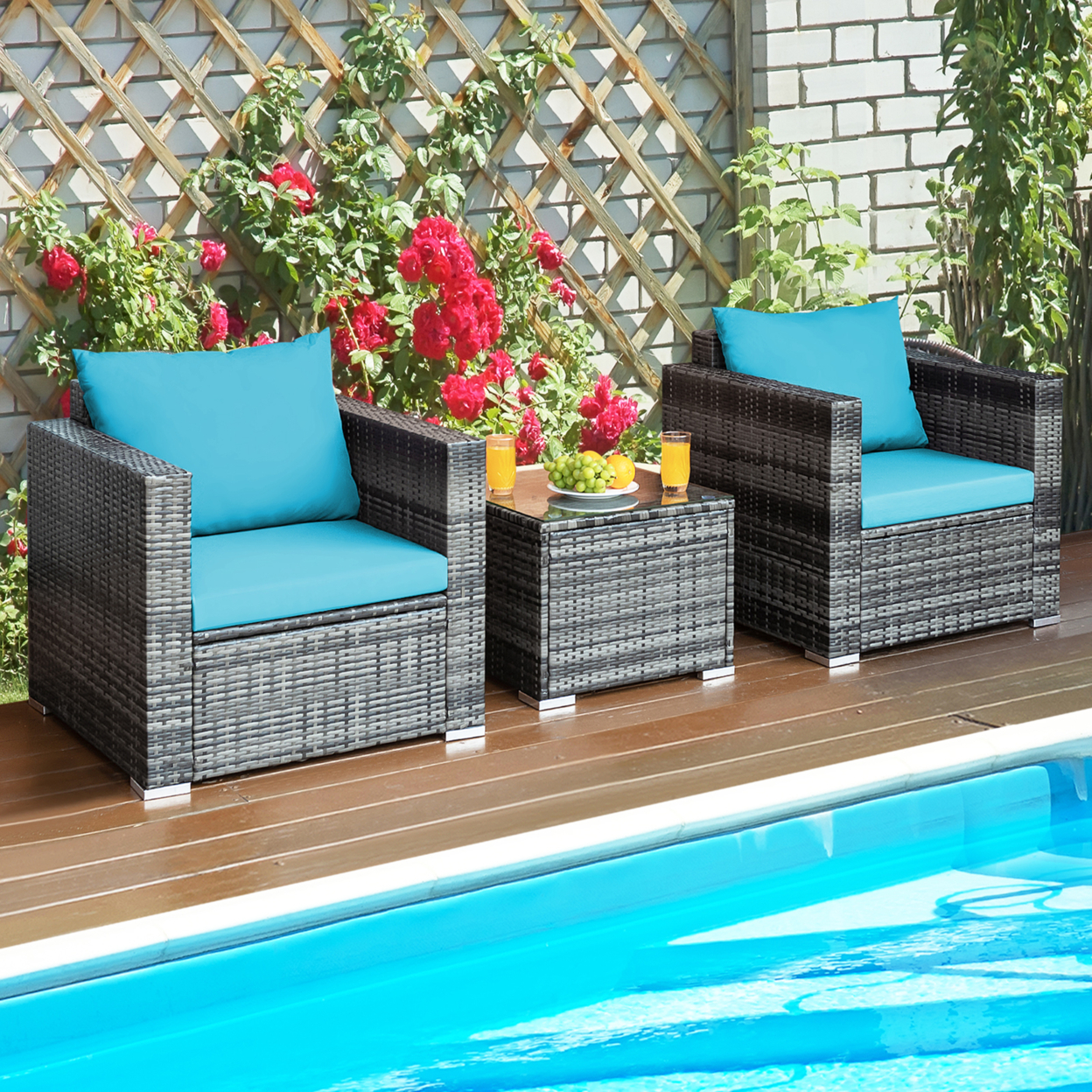 3PCS Rattan Patio Conversation Furniture Set Outdoor Yard W/ Turquoise Cushion