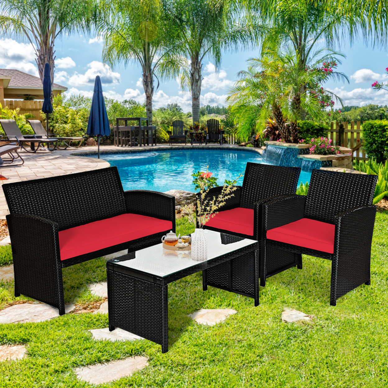 4PCS Rattan Outdoor Conversation Set Patio Furniture Set W/ Red Cushions