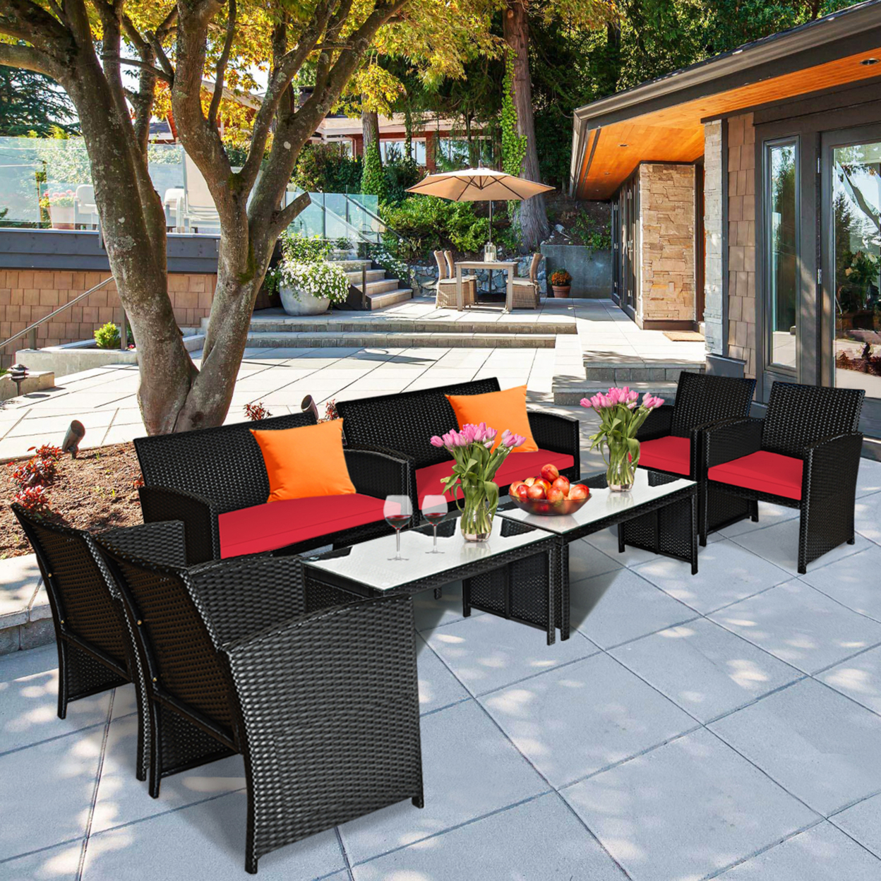 8PCS Rattan Outdoor Conversation Set Patio Furniture Set W/ Red Cushions