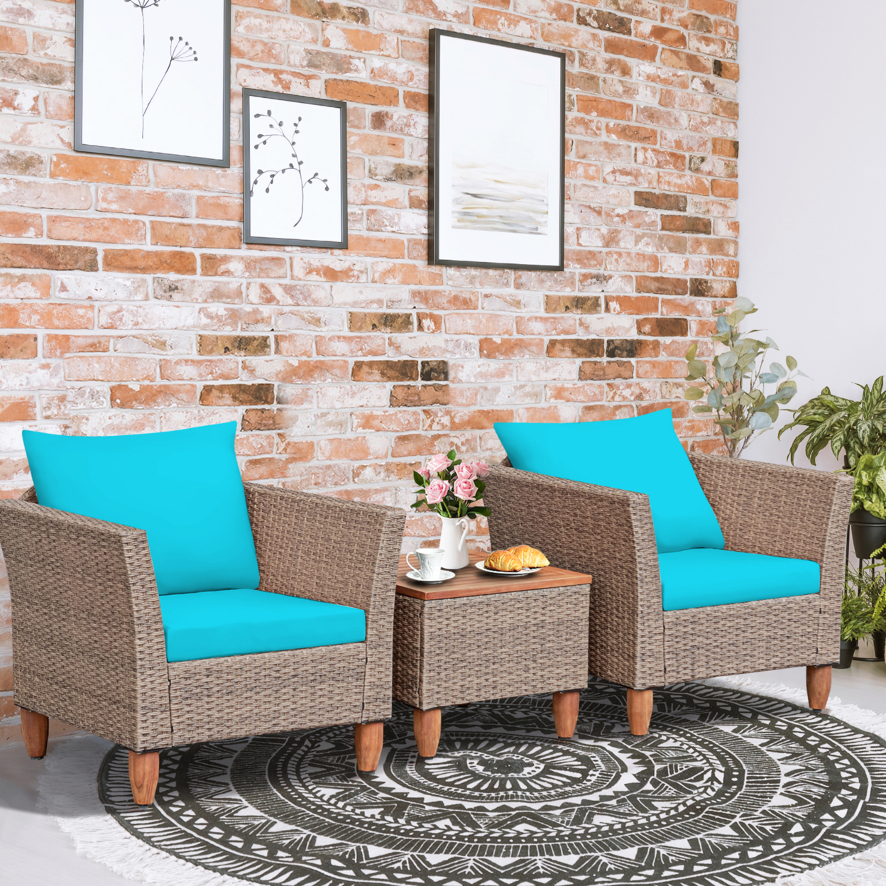 3PCS Rattan Patio Conversation Furniture Set W/ Wooden Feet Turquoise Cushions